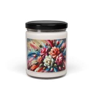 Jar candle with colorful floral design label.