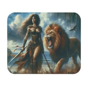 Warrior woman with roaring lion in landscape.