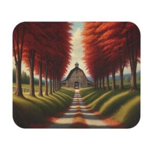 Tree-lined path leading to rustic barn.