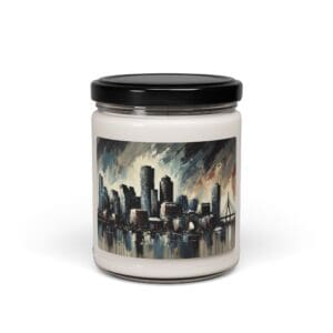 Candle jar with cityscape design label.