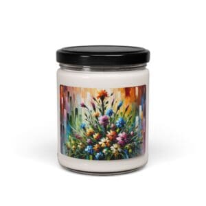 Candle jar with colorful floral design label.