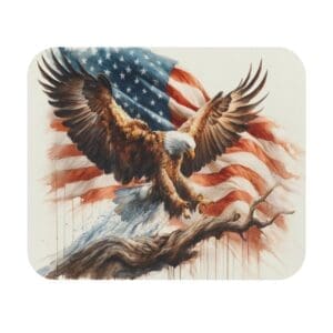 Eagle landing with American flag background.