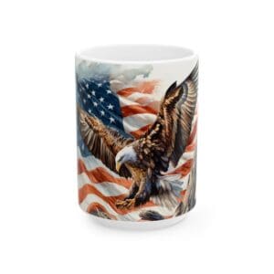 Eagle and American flag on a mug.