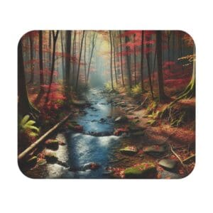 Autumn forest stream with vibrant foliage.