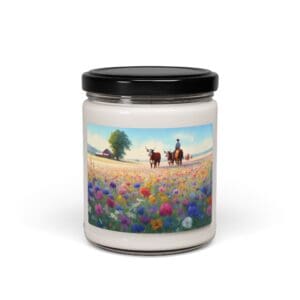 Candle jar with colorful field scene label.