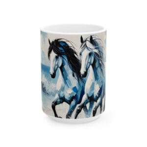 Horses running on beach-themed ceramic mug.