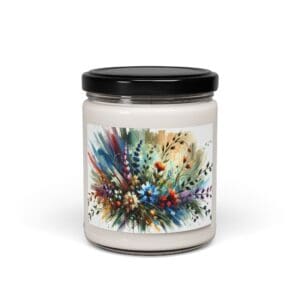 Candle jar with colorful floral design label.