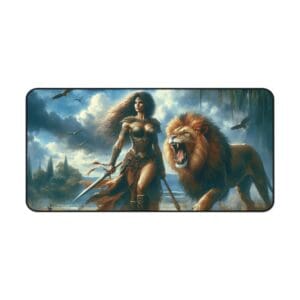 Warrior woman with lion in fantasy setting.