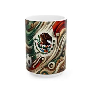 Mexican flag design on colorful mug.