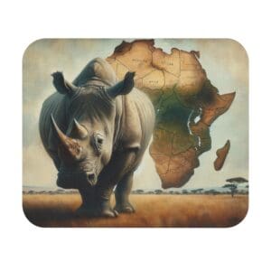 Rhino with Africa map in background.