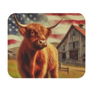 Highland cow, barn, American flag background.