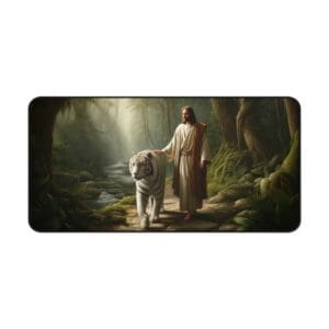 Man walking with a white tiger in forest.