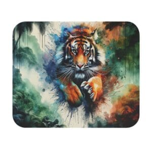Colorful tiger leaping through abstract jungle.