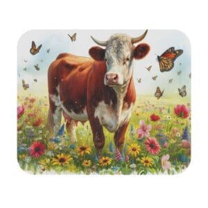 Cow in a field with flowers, butterflies.