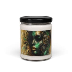 Jar candle with abstract face design.