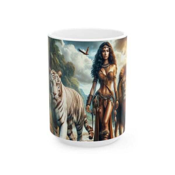 70600CC15W - 15oz Ceramic Mug, Amazon Warrior Security, Fantasy, Mythology, Tiger, Lion