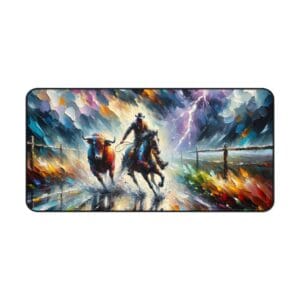 Cowboy and bull in vibrant storm scene.