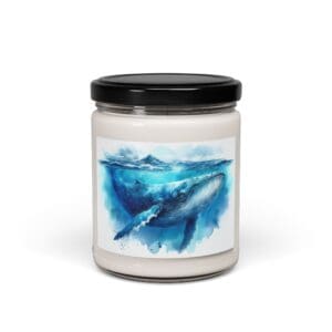 Candle jar with blue whale illustration.