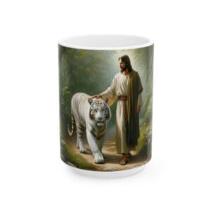 Person walking with a white tiger mug.