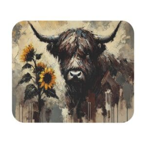 Highland cow with sunflowers in painting.