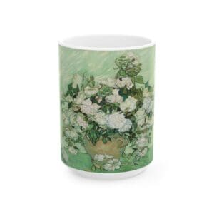 White floral mug with green background painting.
