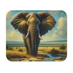 Elephant standing near water in savanna.