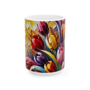 Colorful floral-patterned mug with abstract design.