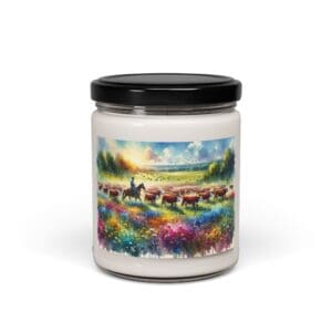 Jar candle with colorful landscape label.