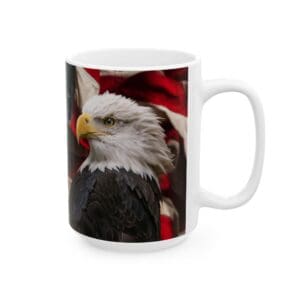 Eagle mug with American flag design.
