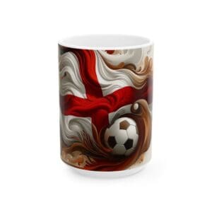 Soccer-themed mug with swirling abstract design.