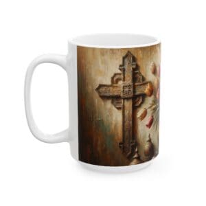 Mug with ornate cross and floral design.