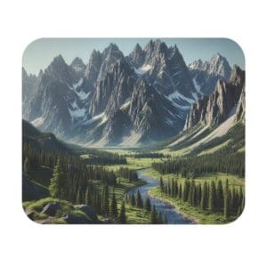 Mountain landscape with river and forest.