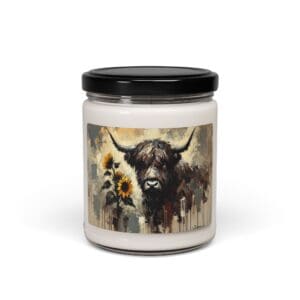 Candle jar with bison and sunflower design.