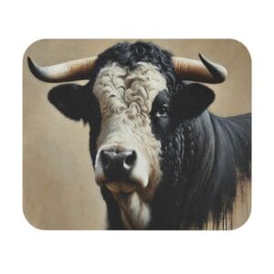 Illustration of a black and white bull.