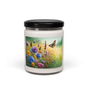 Candle jar with butterfly and flowers design.