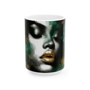 Artistic face design mug with closed eyes.