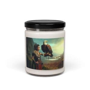 Candle jar with warrior and eagle design.