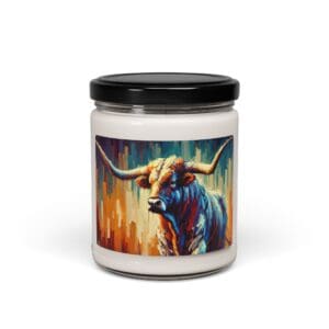 Candle jar with colorful bull illustration.