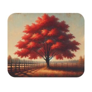 Red tree in a sunny field.