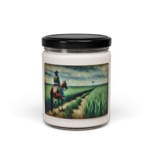 Candle jar with cowboy and cross illustration.