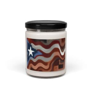 Jar with abstract flag design label.
