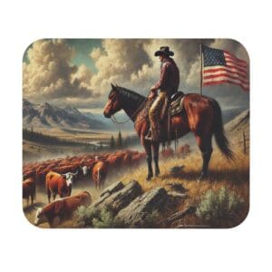 Cowboy on horse watching grazing cattle.