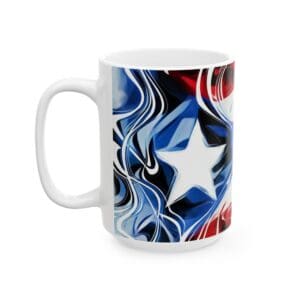 White mug with abstract star design.
