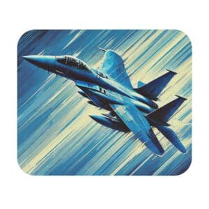 Jet fighter ascending through blue sky.