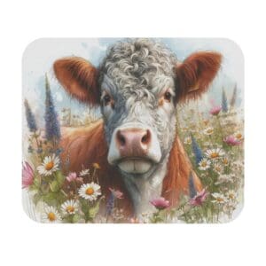 Curly-haired cow among colorful wildflowers.