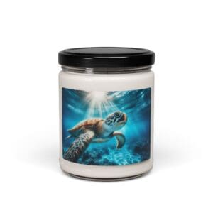 Candle jar with sea turtle design.