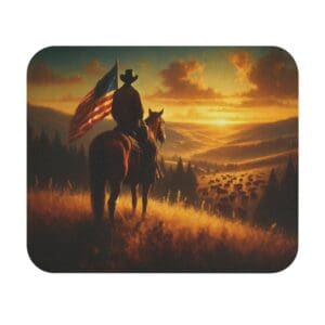 Cowboy on horseback with American flag, sunset.