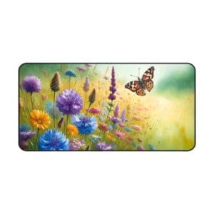 Butterfly flying over colorful wildflowers field.