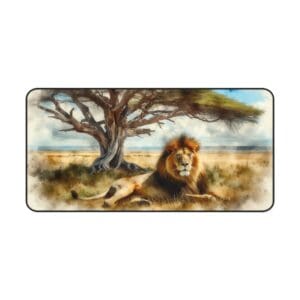 Lion resting under tree on savanna.