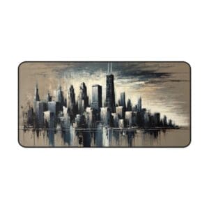 Abstract cityscape painting with skyscrapers and reflections.